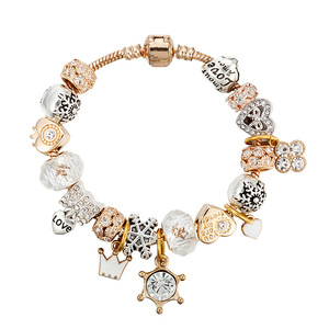 <span class=keywords><strong>Pulsera</strong></span> europea DIY con cadena de serpiente dorada, cadena de seguridad, cuentas <span class=keywords><strong>Chamilia</strong></span> rosas y colgante de corazón LOVE de cristal completo - Product Image 2