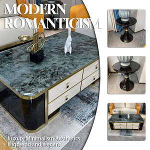 Mesa de Centro de Mármol Verde de Lujo, Centro de Entretenimiento de Madera con Chapa de Ébano y Detalles en Dorado para Sala de Estar - Product Image 2