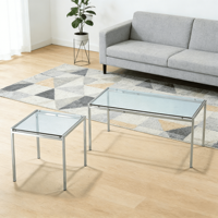 Ensemble de tables gigognes modernes et minimalistes à plateau en verre réglable, cadre chromé, table basse et table d'appoint pour salon