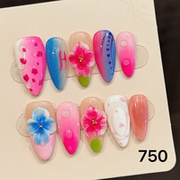 1251-1255 Kuku Palsu Buatan Tangan 10pcs Bahan Press-On Model Almond Desain Ukiran Bunga Kustom Modis Persegi untuk Jari