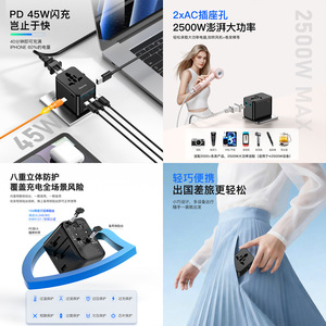 OULiYO Travel <b>Adapter</b> PD45W GaN 2AC Universal <b>Plug</b> Converter with Type C and D Ports for Global Use - Product Image 2