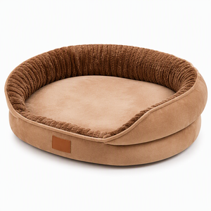 Fancie Ovales Katzenbett Khaki-Braun Wildleder-Samt Außenfläche Plüsch-Innenseite Tiefe Kissenauflage Abnehmbarer Waschbarer Bezug - Product Image 1