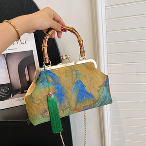 Retro Chinese Style Women's Shell <b>Handbag</b> With Bamboo Handle And Tassel <b>Chain</b> Shoulder Bag For Everyday Use - Product Image 1