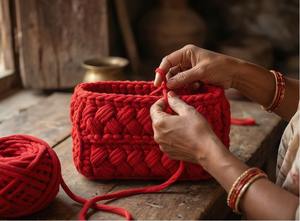 Bolso Rojo Trenzado Hecho a Mano, Estilo Bohemio Étnico, con Dos Correas de Perlas, Bolso de Hombro Boho, Tejido con Cordón de Algodón - Product Image 2