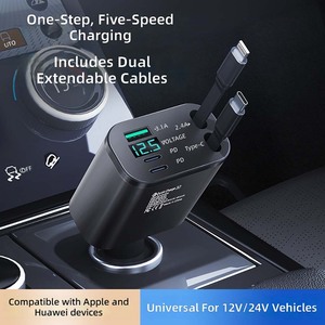 Cargador de Coche Retráctil de 100W, Adaptador de Carga Rápida 5 en 1, 180 °   Cargador Rápido Tipo C PD Giratorio 3.0 con Cables Dobles Extensibles - Product Image 6