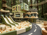 Structure de jeu intérieure commerciale pour enfants, style forêt, multi-niveaux, avec toboggan et piscine à balles pour parc d'attractions
