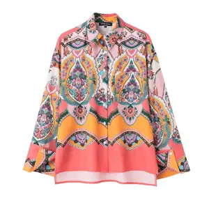 CS2547 Novo Verão Europeu de Impressão Projeto Do Vintage Blusa Mulheres Blusas Casuais Camisa 5