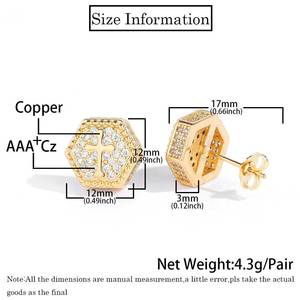 Wholesale Full Diamond Hip Hop <b>Stud</b> Earrings Trendy Brand's Hexagonal Cross Copper Zircon Customizable for Men Women - Product Image 3