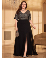 Robe de soirée élégante en mousseline de soie avec patchwork de paillettes, taille plus, noire, couleur unie, col en V, avec fermeture éclair au dos