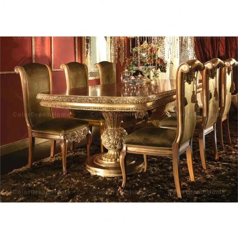 İngilizce lüks villa uzun yemek masası seti altın yemek masası ve yeşil 6 sandalye