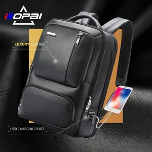 BOPAI BSCI Cowhide Men USB Charging Laptop 15.6 Inch Business Travel Expandable Anti Theft Custom Genuine Real Leather Backpack