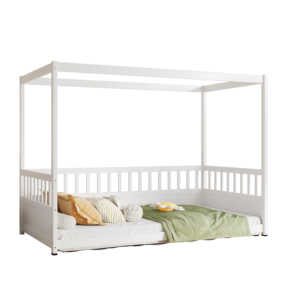 <span class=keywords><strong>Letto</strong></span> a <span class=keywords><strong>baldacchino</strong></span> bianco a due piazze con sponde, <span class=keywords><strong>letto</strong></span> a terra Montessori in legno per cameretta bambini e bambine - Product Image 5