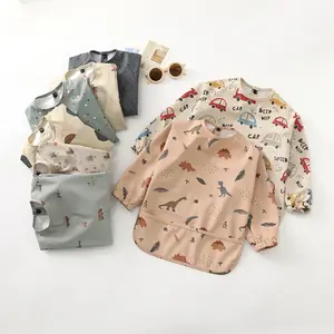 Boho Neutral Cartoon Patterns Long Sleeve Baby Art Smock Bibs Toddler Boys Girls Baby Bib Waterproof Feeding Long Sleeves Apron