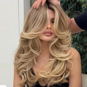 <span class=keywords><strong>Coiffure</strong></span> pour <span class=keywords><strong>femme</strong></span>, fabriquée à la machine, style Europe-Amérique, raie au milieu, longue, ondulée, dorée, à couches, avec frange rideau bouclée - Product Image 3