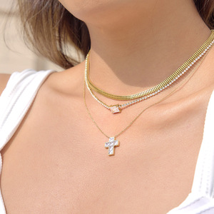 Zircon <b>Cross</b> Pendant Necklace Gold <b>Chain</b> Claw Setting Everyday Wear Geometric Design Stainless Steel Jewelry for Women - Product Image 3