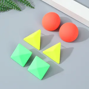 HOVANCI Watermelon Red Fluorescent Green Geometry Earrings Stylish Fluorescence Color Round Square Triangle Shaped Stud Earrings