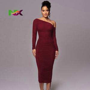 Vestido de Fiesta Ecológico Lavable, Moda de Verano, para Festival o Club, de Malla, con Cuello <span class=keywords><strong>Diagonal</strong></span>, Manga Larga, Drapeado, Sexy, para el Día - Product Image 3