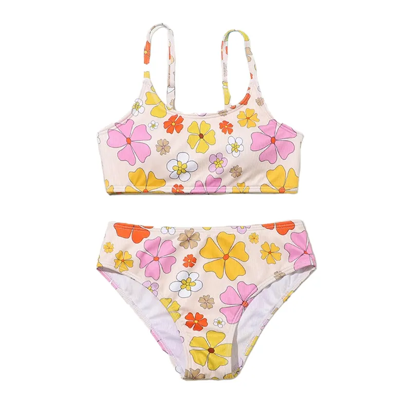 Strap Flower Print Kids Swim Wear Halter Top And Thong 2 Pieces Bikini Wear Bathing Suit Children Swimsuit Girls