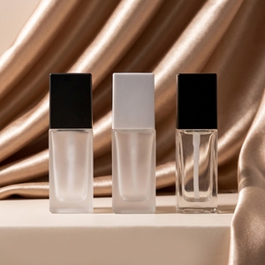 Empty <b>30ml</b> Square Clear Cosmetic Glass <b>Bottle</b> Frosted Makeup Liquid Foundation Pump Sprayer with Gold Black White Screw Cap - Product Image 1