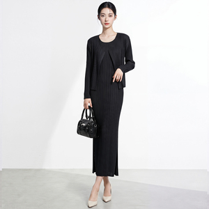 Ensemble deux pièces pour femmes PY, haut à manches longues côtelé rayé, jupe mi-cuisse, élégant, toutes saisons, col rond, ensemble robe en tricot - Product Image 2