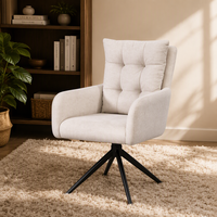 Fauteuil moderne à dossier haut en tissu beige rembourré avec structure métallique et base pivotante à 360 degrés pour salon, chaise de salle à manger