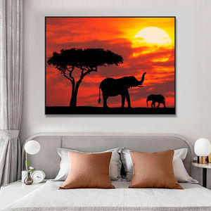 Obra de Arte Moderna en Acrílico, Paisaje Natural, Atardecer, Cuadro en Lienzo, Arte de Pared con Paisaje Animal, Pintura al Óleo de Elefante Africano - Product Image 4