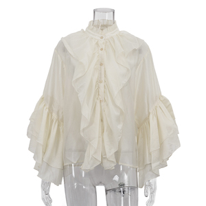 Camicetta da <span class=keywords><strong>donna</strong></span> estiva casual 2026 con bottoni, leggera, <span class=keywords><strong>trasparente</strong></span>, con volant e maniche lunghe a campana - Product Image 4