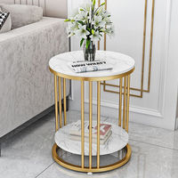 Mesa auxiliar redonda de mármol blanco de 2 niveles, mesa decorativa de café para sala de estar con estante de almacenamiento