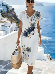 Vestido Midi de Punto Floral Azul para Mujer, Verano 2026, Cuello en V, Manga Corta, Malla Pointelle, 100% Poliéster, Estampado, Ropa de Resort - Product Image 3