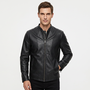 Chaqueta de Cuero Genuino Negra para Hombre, Corte Ajustado, Estilo Cafe Racer, Motociclista, Piel de Vacuno, Sin Cuello, Personalizada, Clásica, Abrigo Cálido de Invierno - Product Image 1