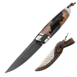 High Quality Handmade Wootz Steel Ebony And Resin Handle Fixed Blade Outdoor Hunting Survival Gift Knife With Leather Sheath