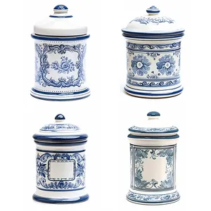 Wholesale Tobacco Humidor Custom Handmade Vintage Blue Decal Cigar Accessories Storage Ceramic Jars