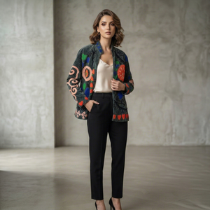 Chaqueta de Terciopelo Suzani Verde Oscuro de Diseño para Mujer, Bordada a Mano con Flores, Estilo Bohemio Étnico, Venta al Por Mayor - Product Image 1