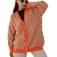 冬の女性ルーズファッションY2K特大カジュアル幾何学模様ニットカーディガンセーターコート