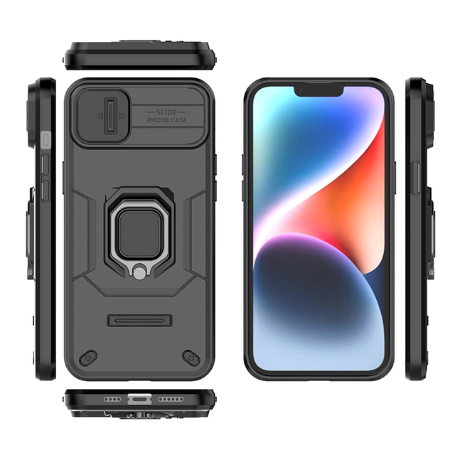 2 in 1 Dual Layer Armor TPU PC Slide Camera Cover With Ring Holder Coque d De Mobile Phone Case for iphone 15 14 13 Pro Max