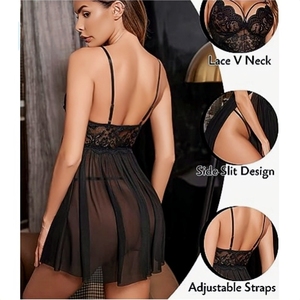 Conjunto de Lencería Sexy para Mujer, Estilo Exótico, Camisón con Abertura Lateral de Encaje y Escote en V + Tanga a Juego, Talla Grande, Pijama Sexy - Product Image 3