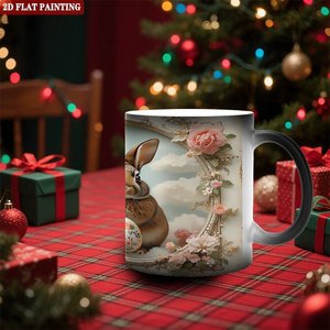 Frosted Black <b>Ceramic</b> Mug 11oz Heat Activated <b>Cup</b> With Rabbit Art Design - Product Image 2