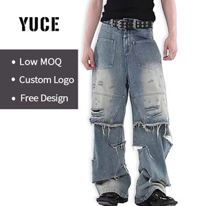 YUCE Jeans personnalisés Y2K, <span class=keywords><strong>coupe</strong></span> ample, jambe large, délavés, déchirés, rétro, streetwear, denim, pantalon, jeans délavés lourds, style cowboy pour hommes - Product Image 1