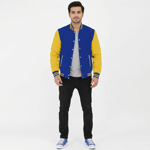 2026 OEM <b>Men's</b> Stand Collar Classic Blue Varsity Letterman Varsity <b>Jacket</b> For <b>Men</b> With <b>White</b> Leather Strip Winter Heated <b>Jacket</b> - Product Image 1