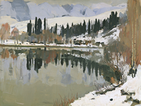 Pintura al Óleo de Lago de Montaña Invernal, Bosque Nevado con Reflejos, Arte de Pared de Paisaje Vintage, Marco de Madera, Tamaño Personalizado para Hotel