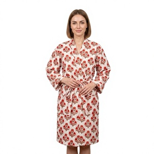Robe longue en coton Kantha à imprimé floral vintage pour femmes, manches longues, col en V, longueur intégrale, kimono doux, vêtement décontracté, fermeture à ceinture, séchage rapide - Product Image 1