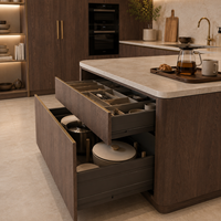 Meubles de cuisine sur mesure avec placage finition personnalisée, îlot de rangement, vitrines et étagères ouvertes taupe