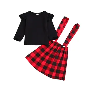 도매 아기 소녀 봄 긴 소매 복장 아이 블랙 코튼 탑스 격자 무늬 스커트 2 조각 의류 세트