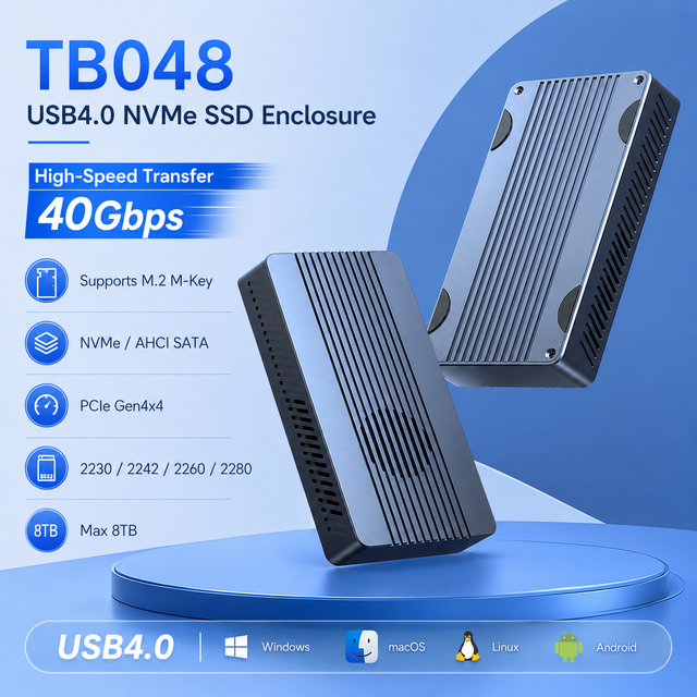 40Gbps USB4 NVMe SATA Dual Protocol M.2 SSD Enclosure Built-in Cooling Fan Thunderbolt 3 Aluminum External Hard Drive Case