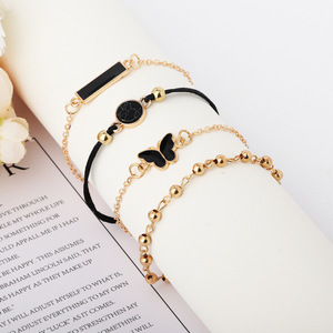 Conjunto de Pulseras de Moda con Dijes, Chapado en Oro, Aleación, Mariposa, Cuentas Negras, Joyería Moderna para Mujer, 4 Piezas - Product Image 1