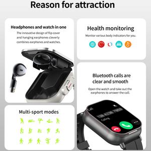 Montre connectée la moins chère avec écouteurs TWS 2-en-1, vente flash, haute qualité, surveillance de la santé, sport, Relojes NFC D8E, montre intelligente avec écouteurs - Product Image 6