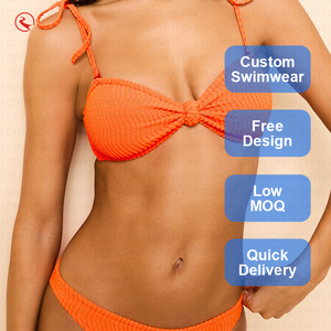 Custom Logo Knitted Bikini <b>Set</b> Halter Lace Up <b>Two</b> <b>Piece</b> Swimwear Orange Solid Color Bodycon Quick Dry Spandex Nylon - Product Image 4