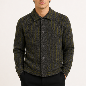 Chemise en tricot à rayures rétro pour <span class=keywords><strong>homme</strong></span>, veste à manches longues, col boutonné, <span class=keywords><strong>surchemise</strong></span> décontractée, pull pour <span class=keywords><strong>homme</strong></span>, vente en gros, logo personnalisé - Product Image 1