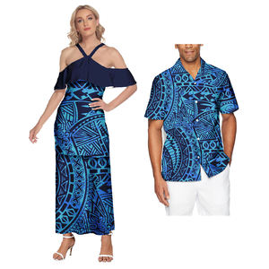 Ensemble Tenue de Couple Robes Élégantes pour Femmes Jupe Sexy à <span class=keywords><strong>Épaule</strong></span> Froide Samoa Impression de <span class=keywords><strong>Tatouage</strong></span> Tenue Décontractée Polynésienne Chemises pour Hommes Assorties - Product Image 3