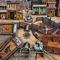 Collier chaîne en alliage avec pendentif croix estampée, style vintage western 2026, orné de pierres turquoise, de perles Navajo et d'un motif chapeau de cowboy